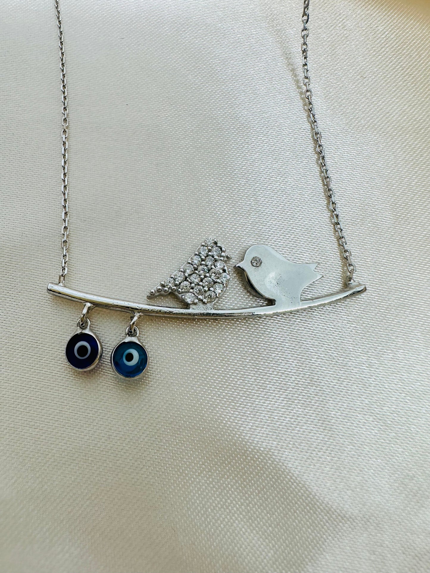 Evil Eye Beaded Bird Sterling Silver Necklace- Dainty Charm