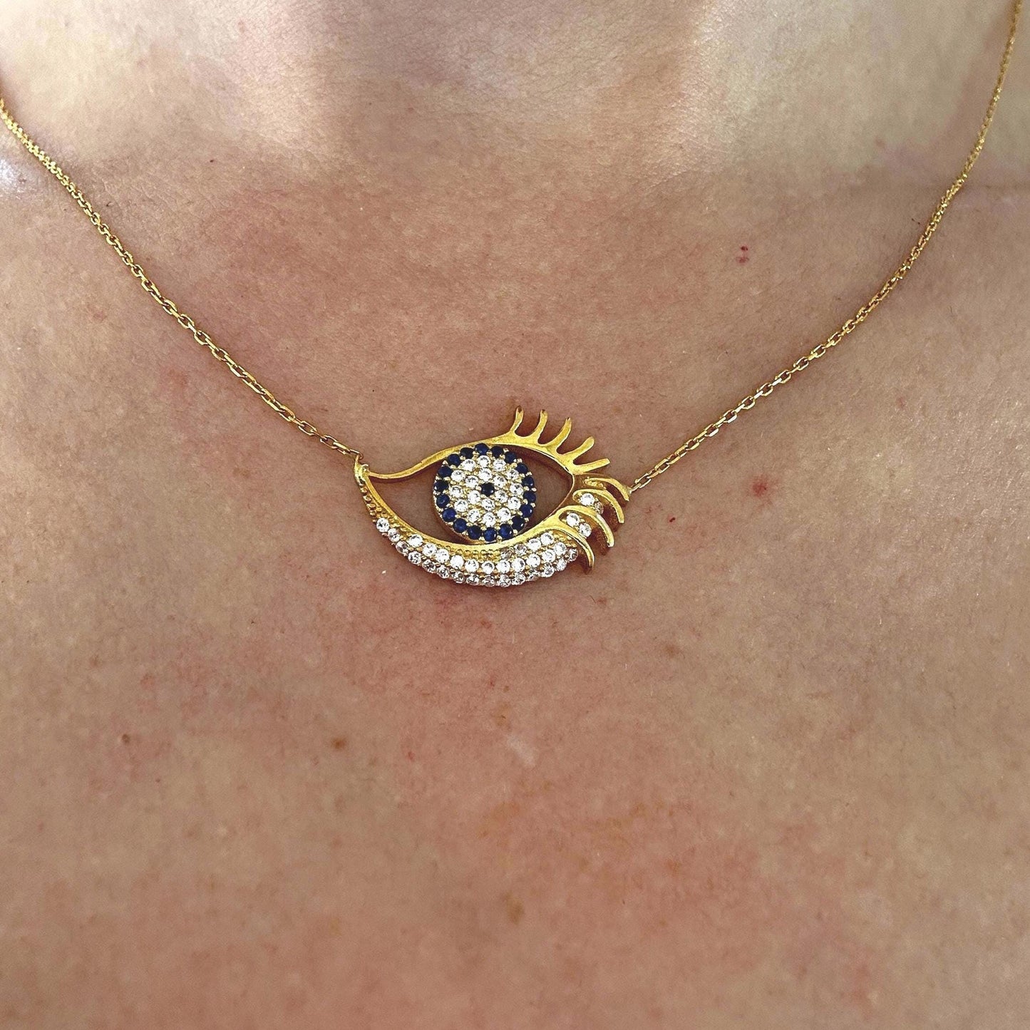 Gold Vermeil Evil Eye Necklace -  Sterling Silver Dainty Zircon Pendant - Gift For Her