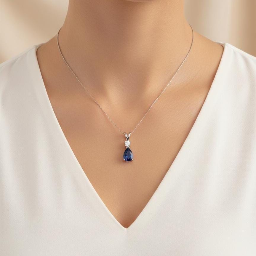 Sapphire Minimalist Necklace - September Birthstone Pendant - Dainty Jewelry -925 Sterling Silver