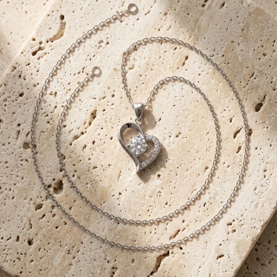 Dainty Silver Necklace with Zircon Heart Pendant - Sparkling Gift for Her