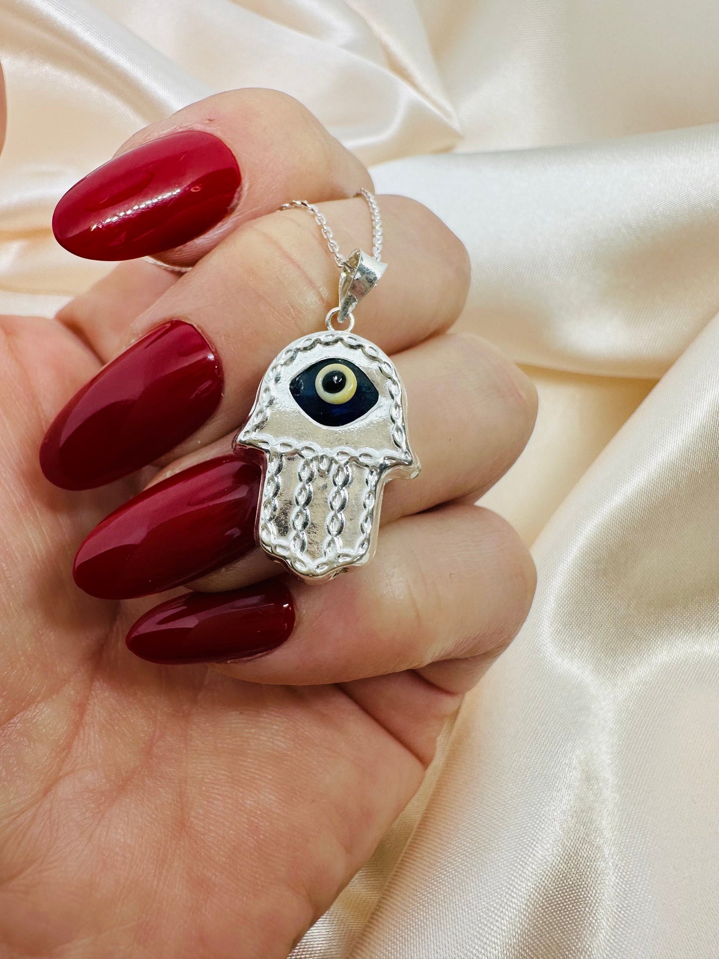 Sterling Silver Hamsa Hand Necklace - Evil Eye Pendant - Gift for Her