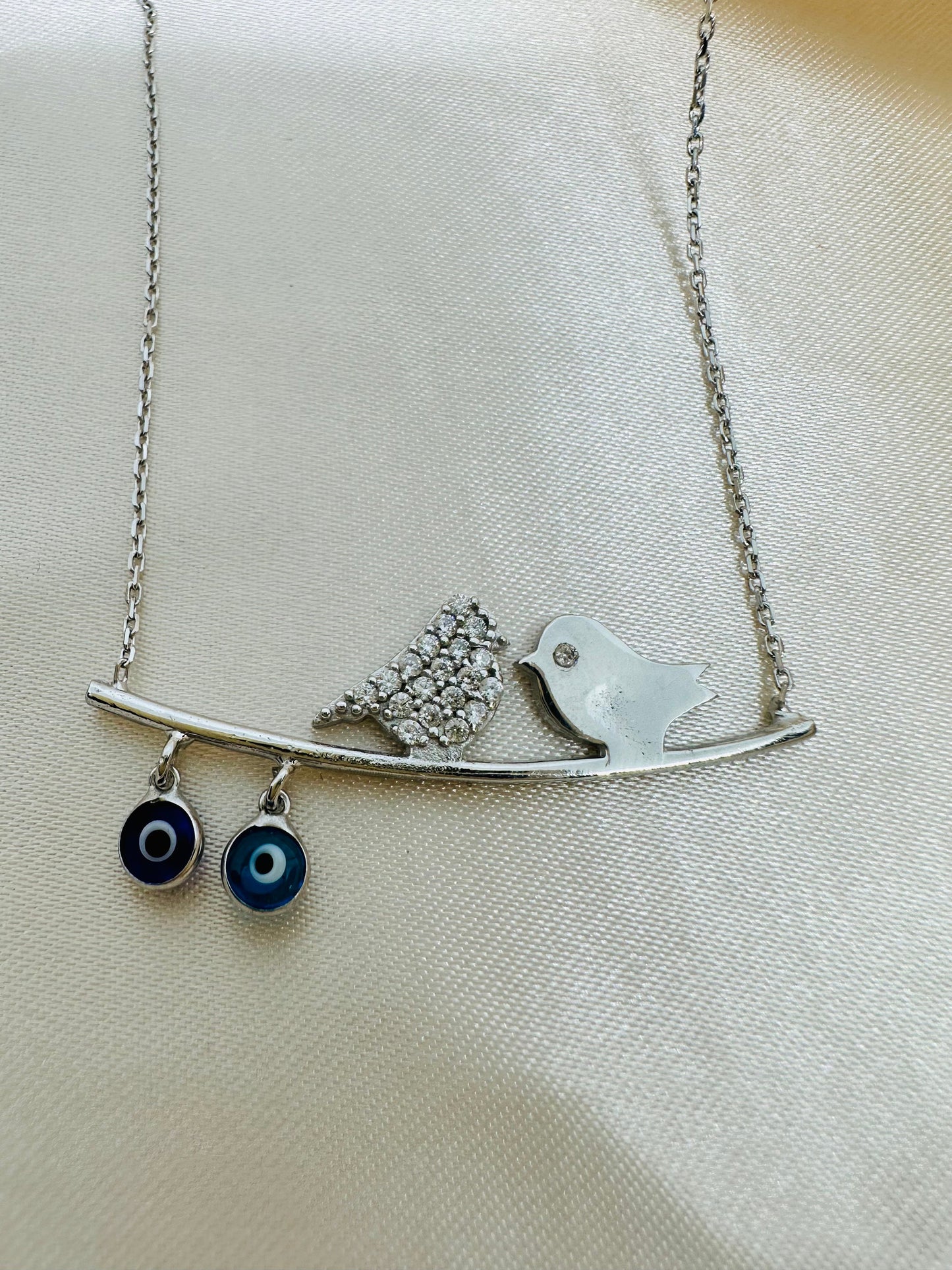 Evil Eye Beaded Bird Sterling Silver Necklace- Dainty Charm