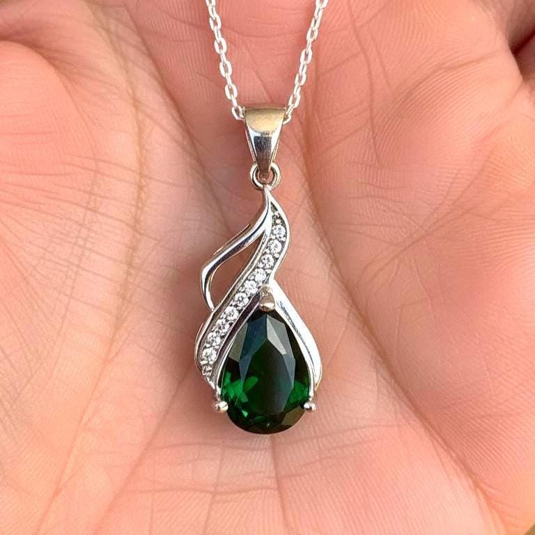 Emerald Teardrop Necklace – Sterling Silver May Birthstone Pendant -