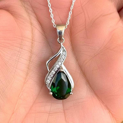 Emerald Teardrop Necklace – Sterling Silver May Birthstone Pendant -