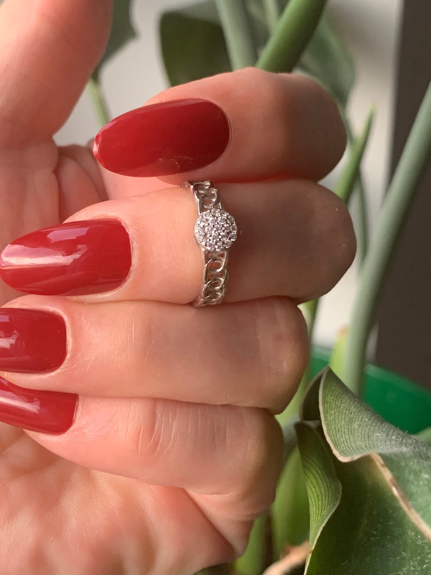 Handmade Sterling Silver Chain Ring: Adjustable Pave Ring