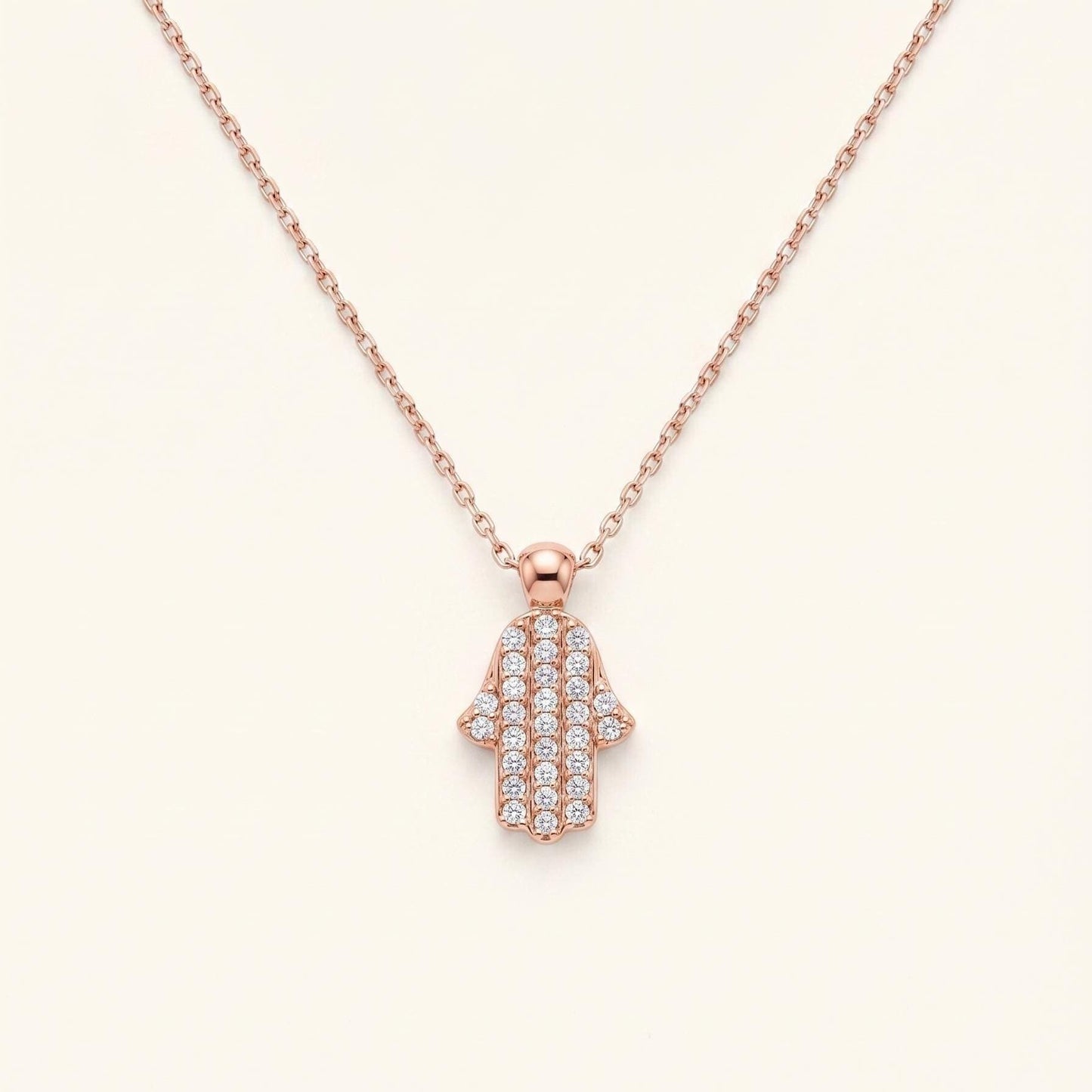 Rose Gold Hamsa Necklace - Sterling Silver Hand of Fatima with Zircon Pendant