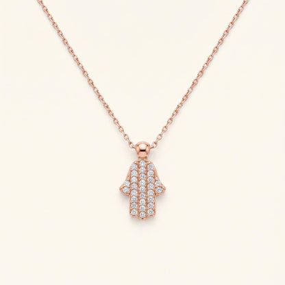 Rose Gold Hamsa Necklace - Sterling Silver Hand of Fatima with Zircon Pendant