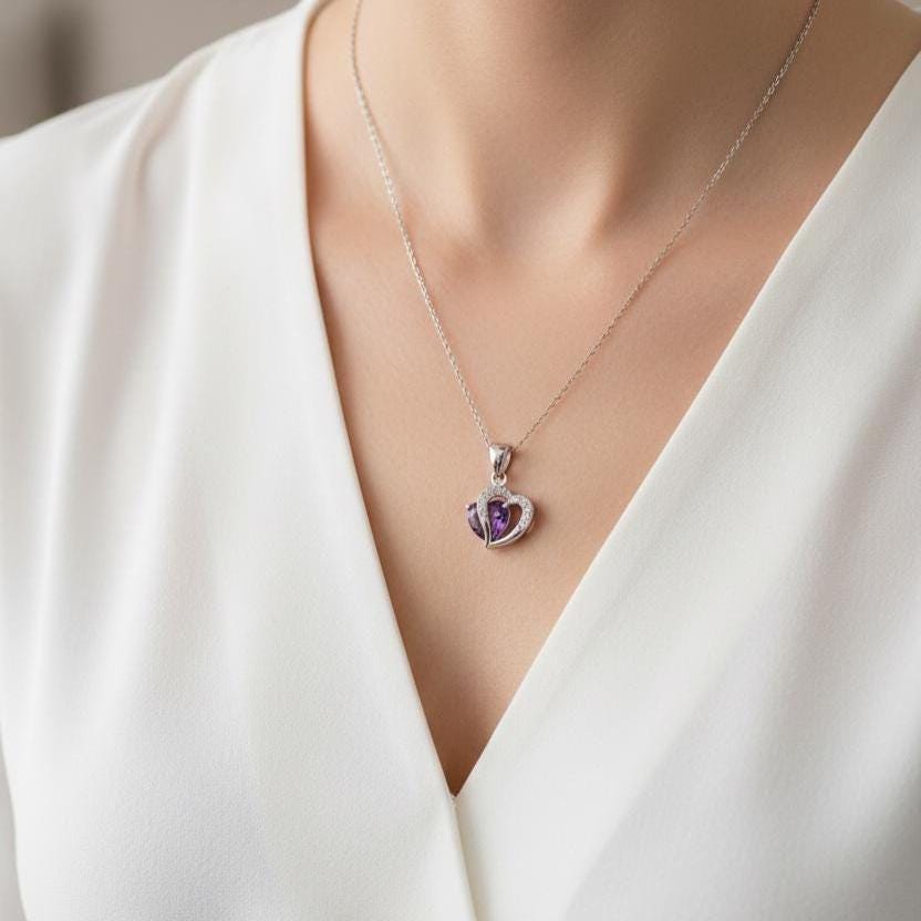 Amethyst Heart Necklace - Sterling Silver February Birthstone Pendant