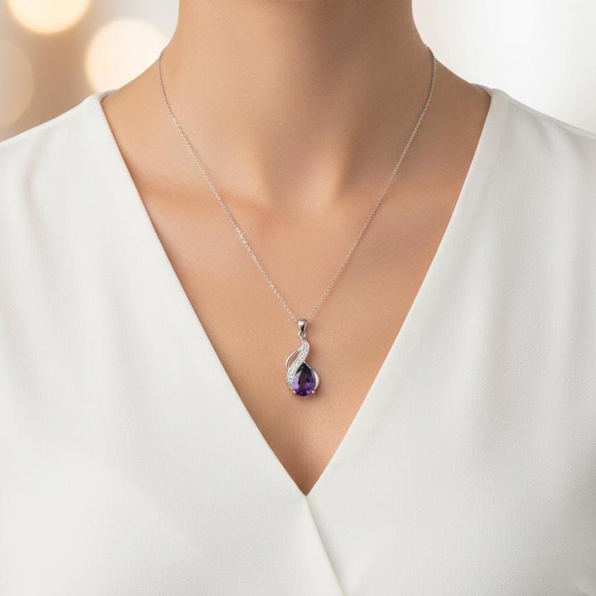 Amethyst Teardrop Necklace – February Birthstone in Sterling Silver