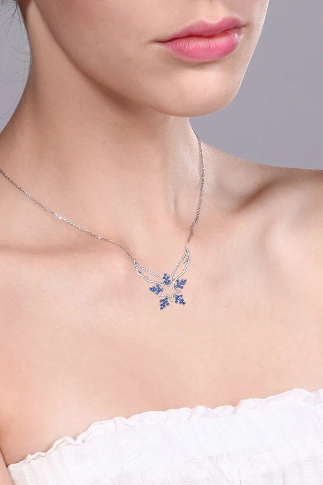 Sapphire Angel Wings Snowflake Necklace - Sterling Silver September Birthstone