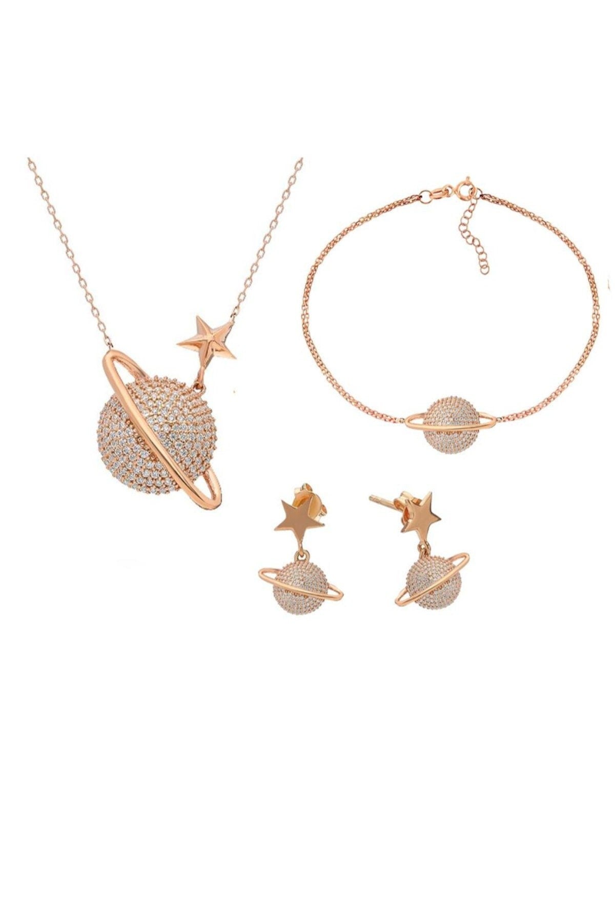 Saturn Planet Necklace Set in Sterling Silver - Celestial Jewelry- Gift for Her