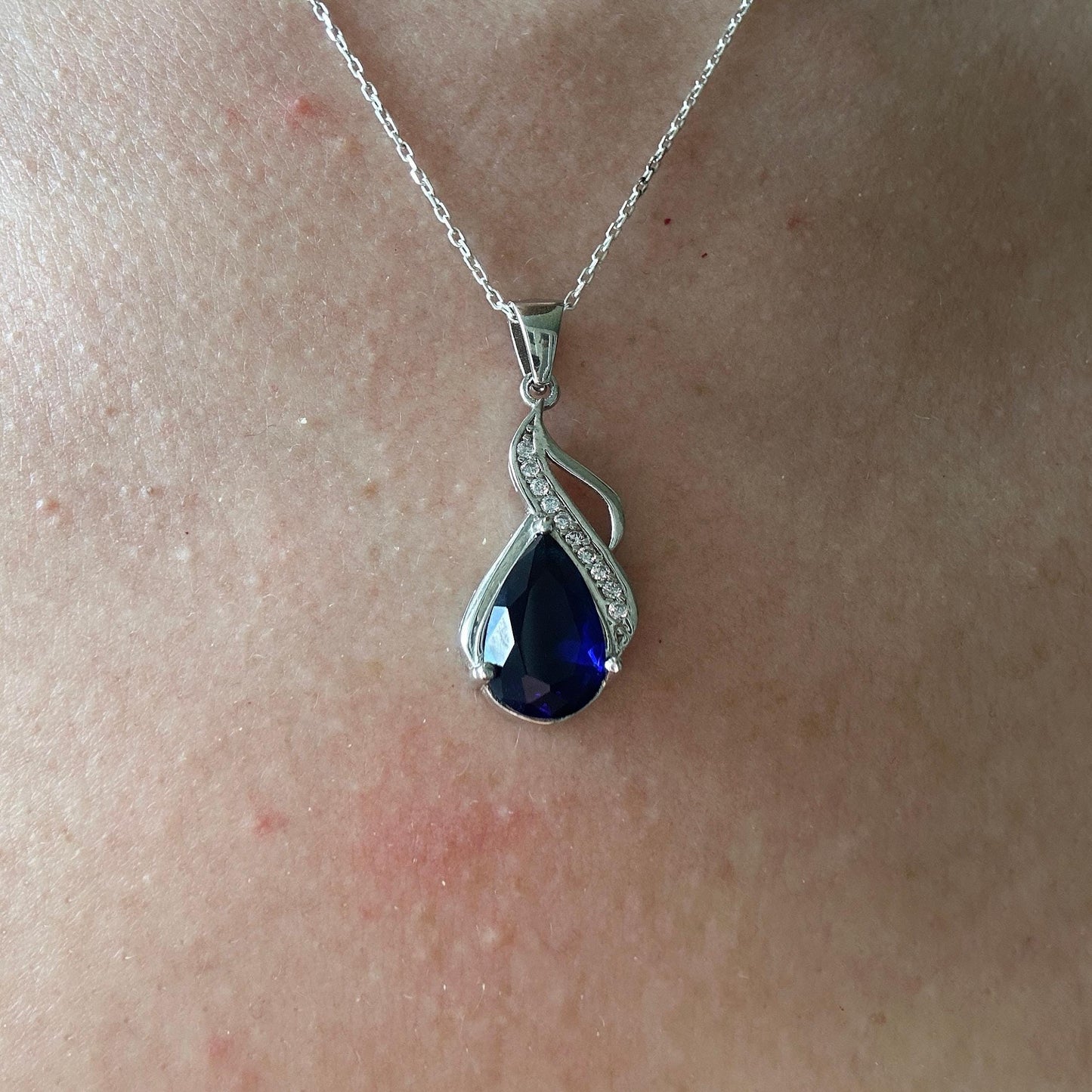 Royal Blue Sapphire Teardrop Pendant – Sterling Silver September Birthstone