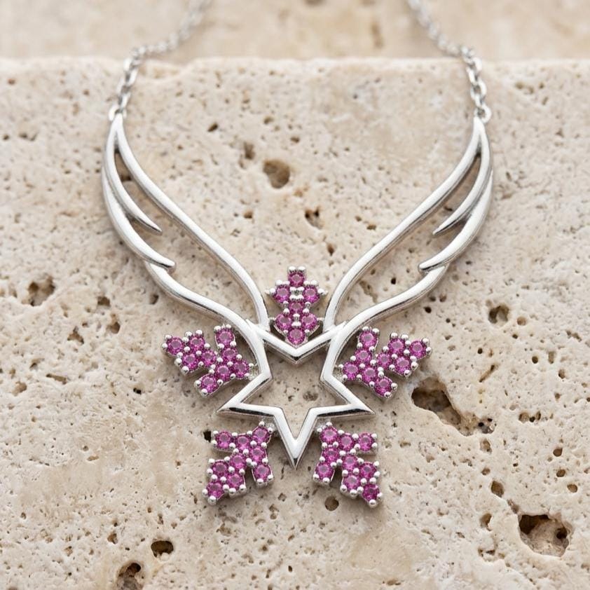 Sterling Silver Angel Wing Snowflake Necklace Featuring Pink Zircon Gem