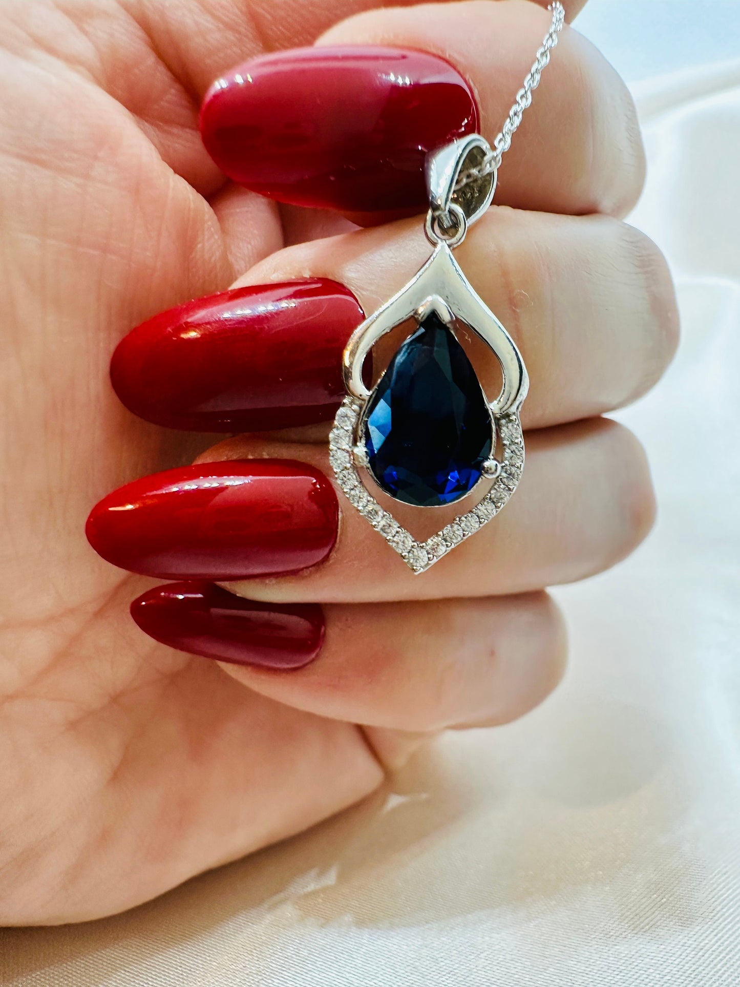 September Birthstone Necklace - Sapphire Teardrop Pendant in Sterling Silver
