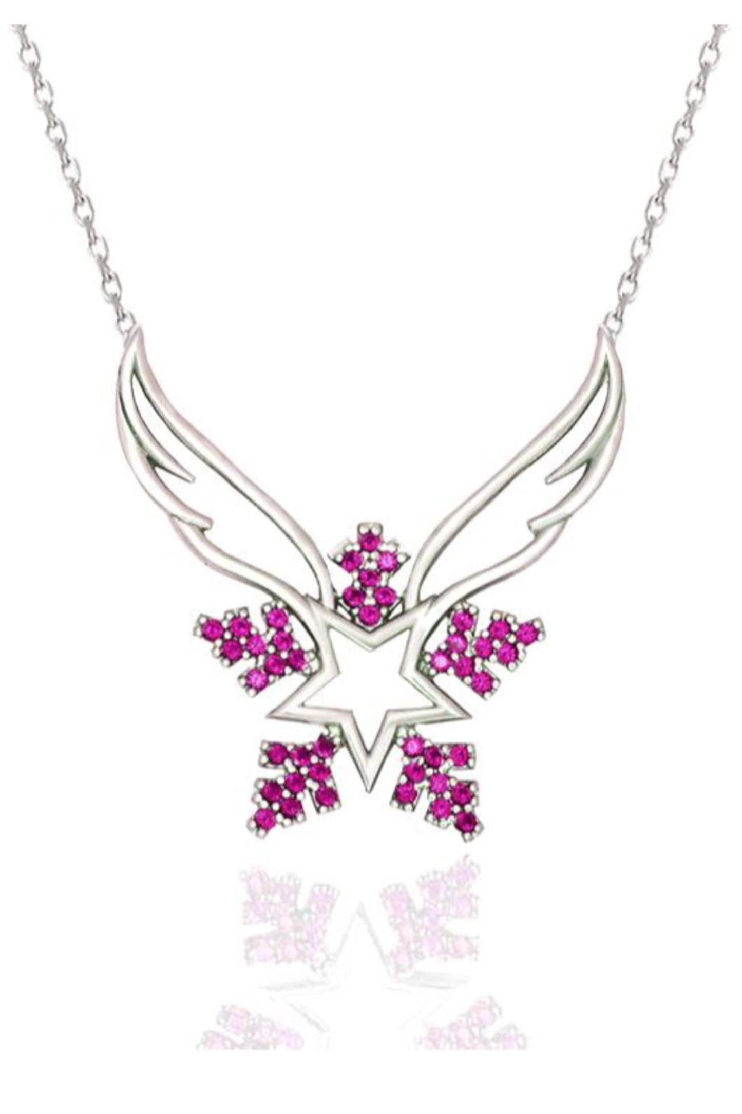 Sterling Silver Angel Wing Snowflake Necklace Featuring Pink Zircon Gem