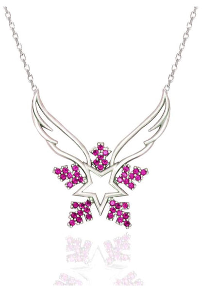 Sterling Silver Angel Wing Snowflake Necklace Featuring Pink Zircon Gem