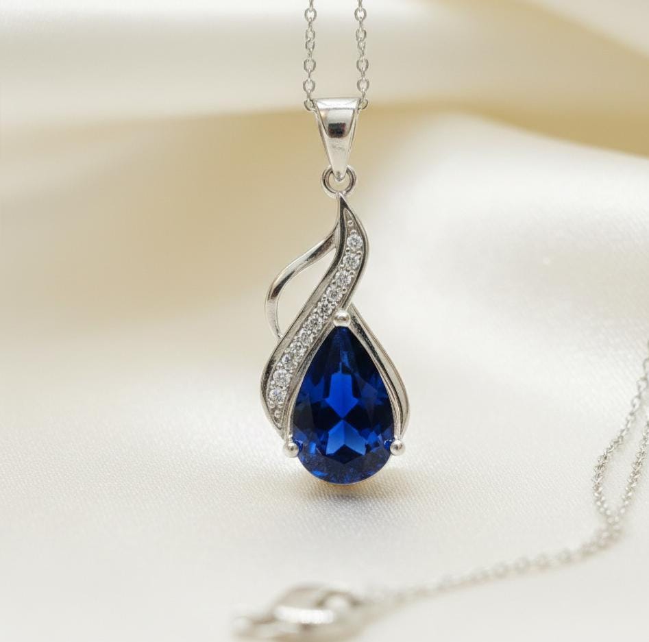 Royal Blue Sapphire Teardrop Pendant – Sterling Silver September Birthstone