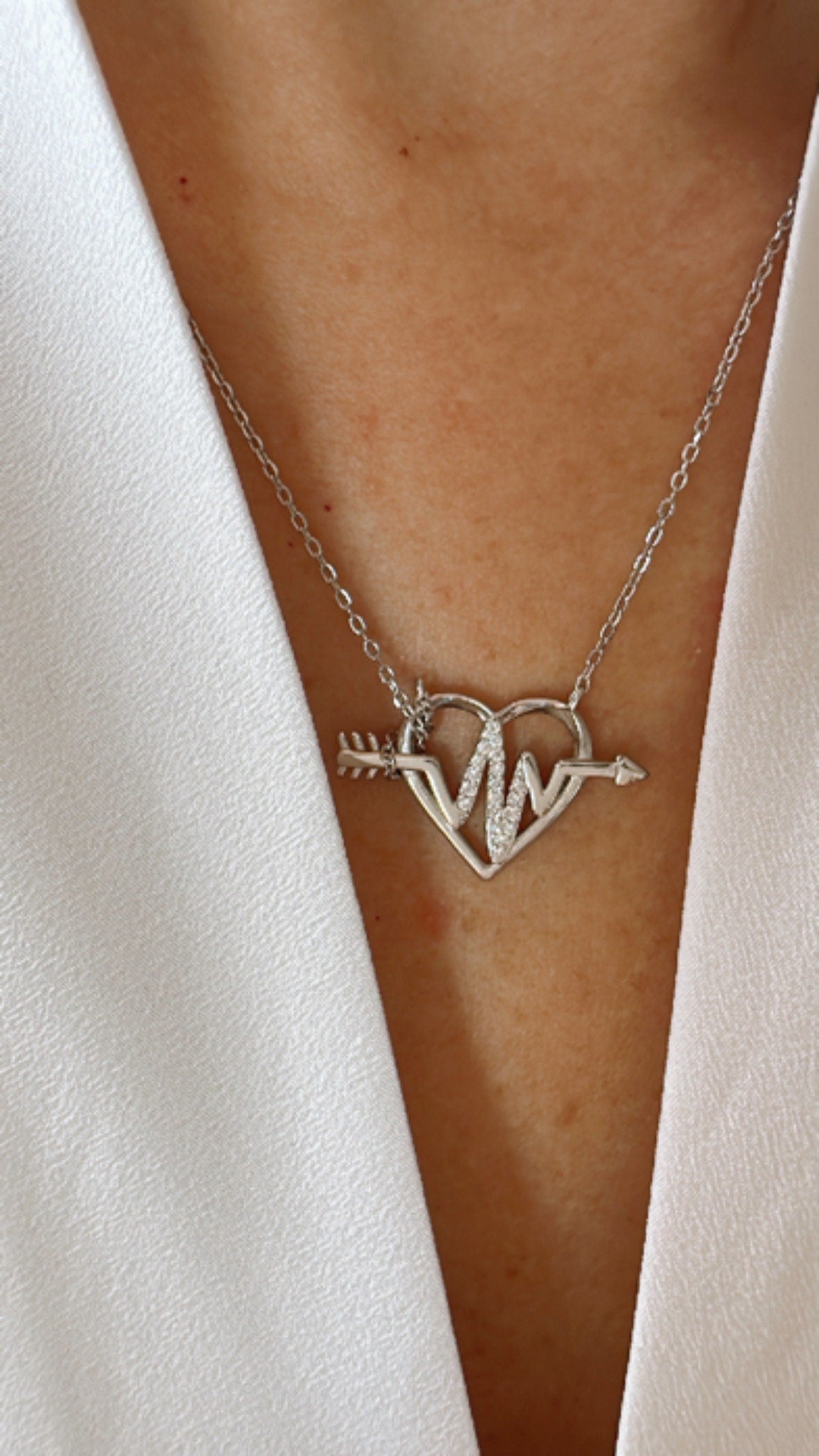 Sterling Silver Heartbeat Pendant Necklace with Glittering Zircon -