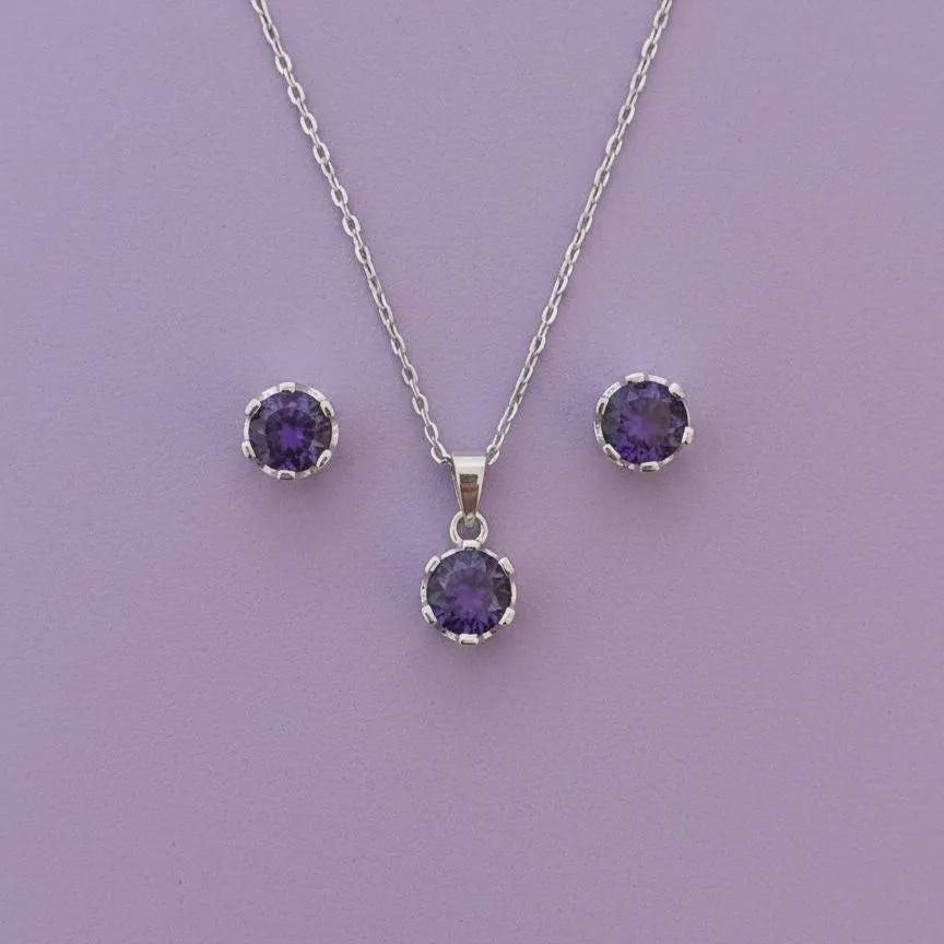 Minimalist Amethyst Pendant & Earrings Set - Sterling Silver February Birthstone -