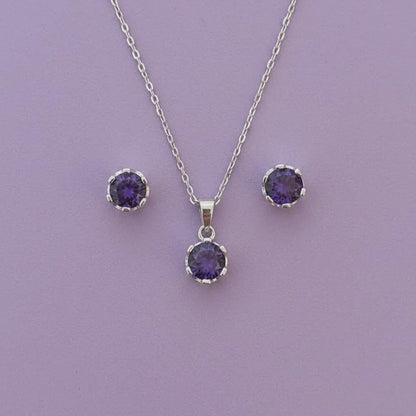 Minimalist Amethyst Pendant & Earrings Set - Sterling Silver February Birthstone -