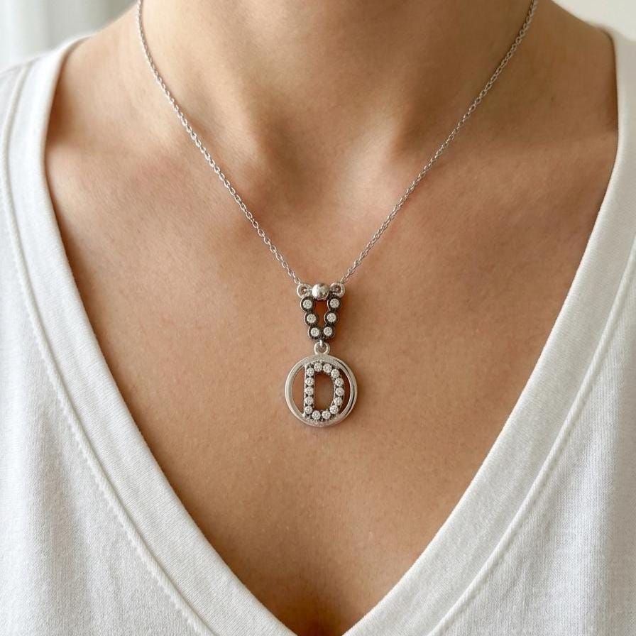 Personalized Sterling Silver D Necklace with Zircon Letters