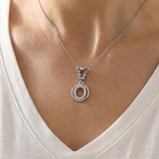 Custom O Initial Necklace in Sterling Silver - Sparkling Zircon Letter Jewelry