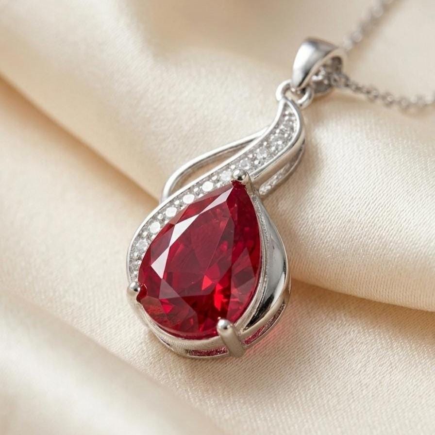 Ruby Teardrop Necklace – Sterling Silver July Birthstone Pendant - Gift For Her