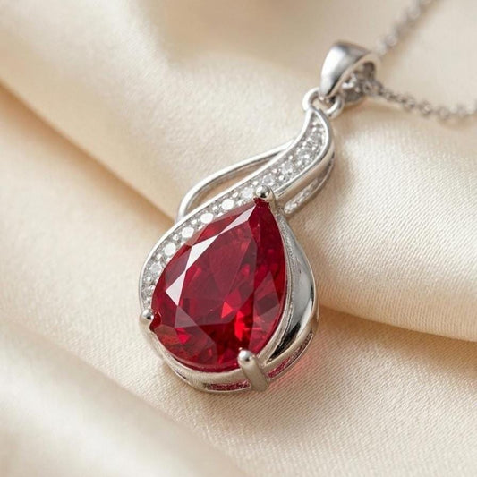 Ruby Teardrop Necklace – Sterling Silver July Birthstone Pendant - Gift For Her