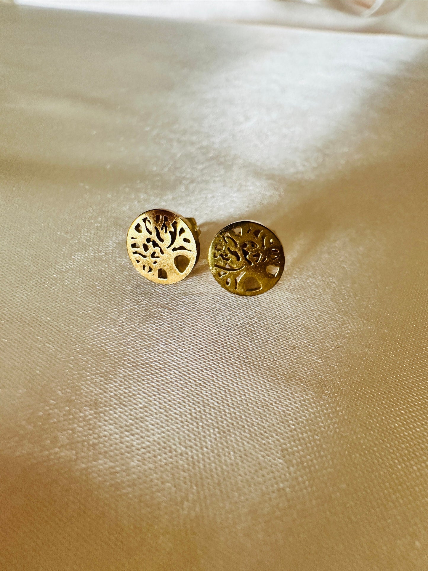 Gold Life Tree Dangle Earrings: Hypoallergenic Steel
