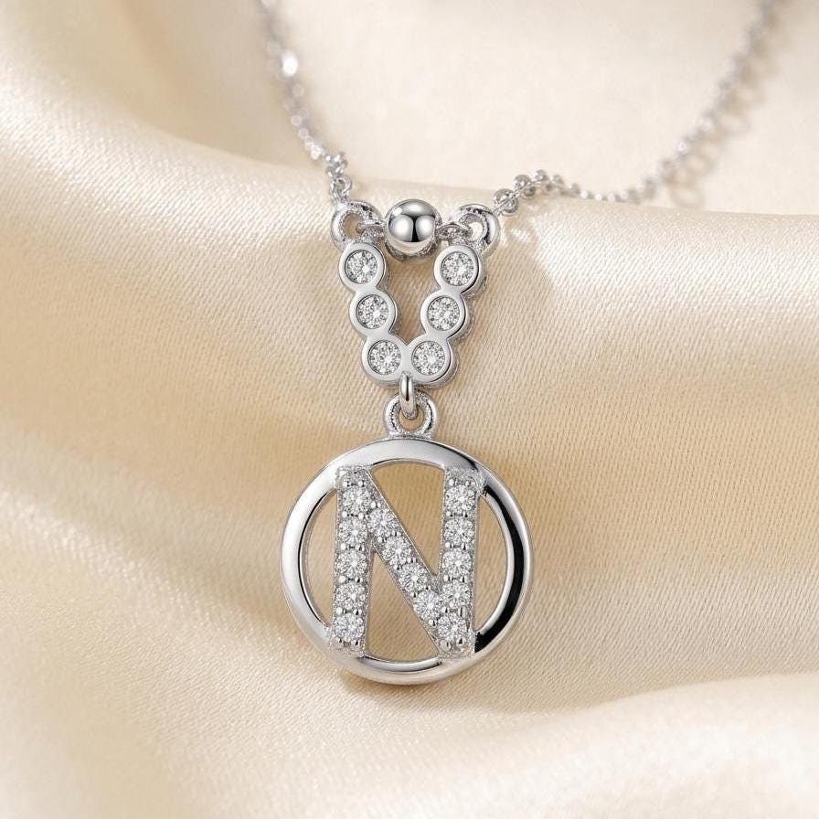 Custom Sterling Silver N Initial Necklace with Zircon Gem - Personalized Letter Jewelry
