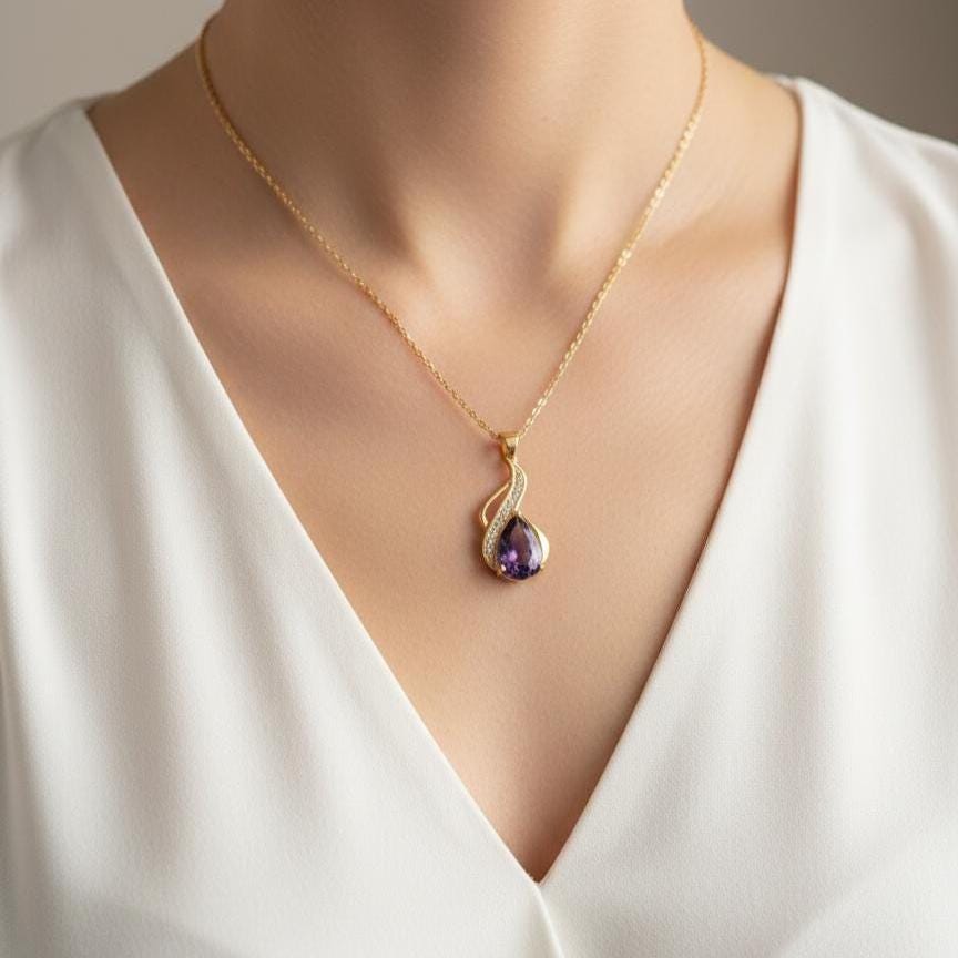 February Birthstone Necklace – Gold Vermeil Amethyst Teardrop Pendant