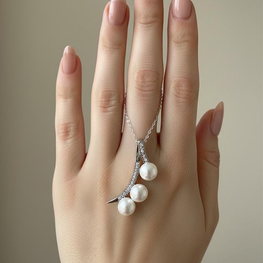 Sterling Silver Pearl Pendant Necklace - Elegant 3-Pearl Design