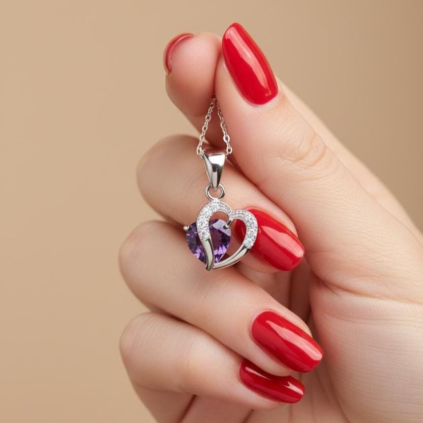 Amethyst Heart Necklace - Sterling Silver February Birthstone Pendant