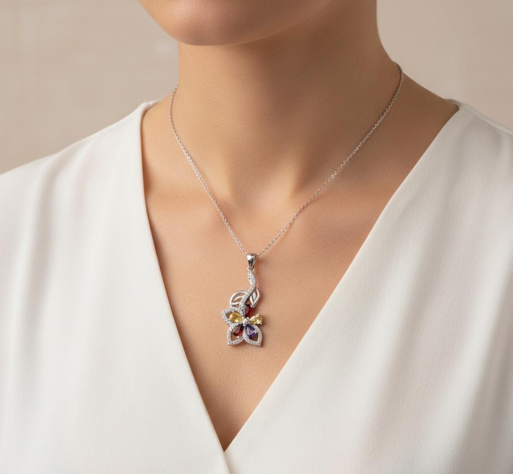 Sterling Silver Flower Necklace with Citrine, Garnet & Sapphire Birthstones -