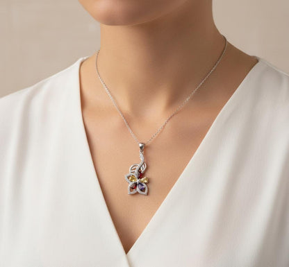 Sterling Silver Flower Necklace with Citrine, Garnet & Sapphire Birthstones -