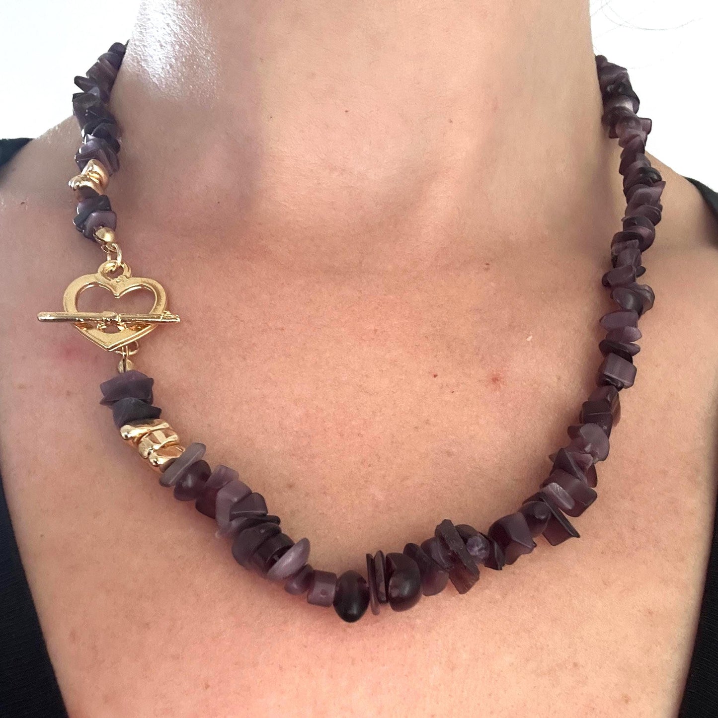 Handmade Raw Amethyst Chip Necklace - Gold Heart Clasp Design