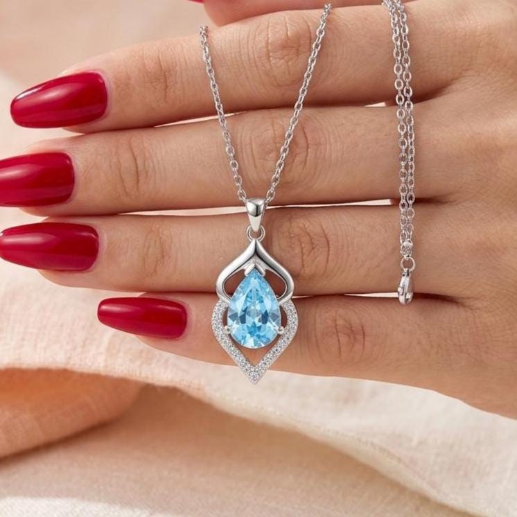 Aquamarine Pendant in Sterling Silver - March Birthstone Necklace -Gift For Her