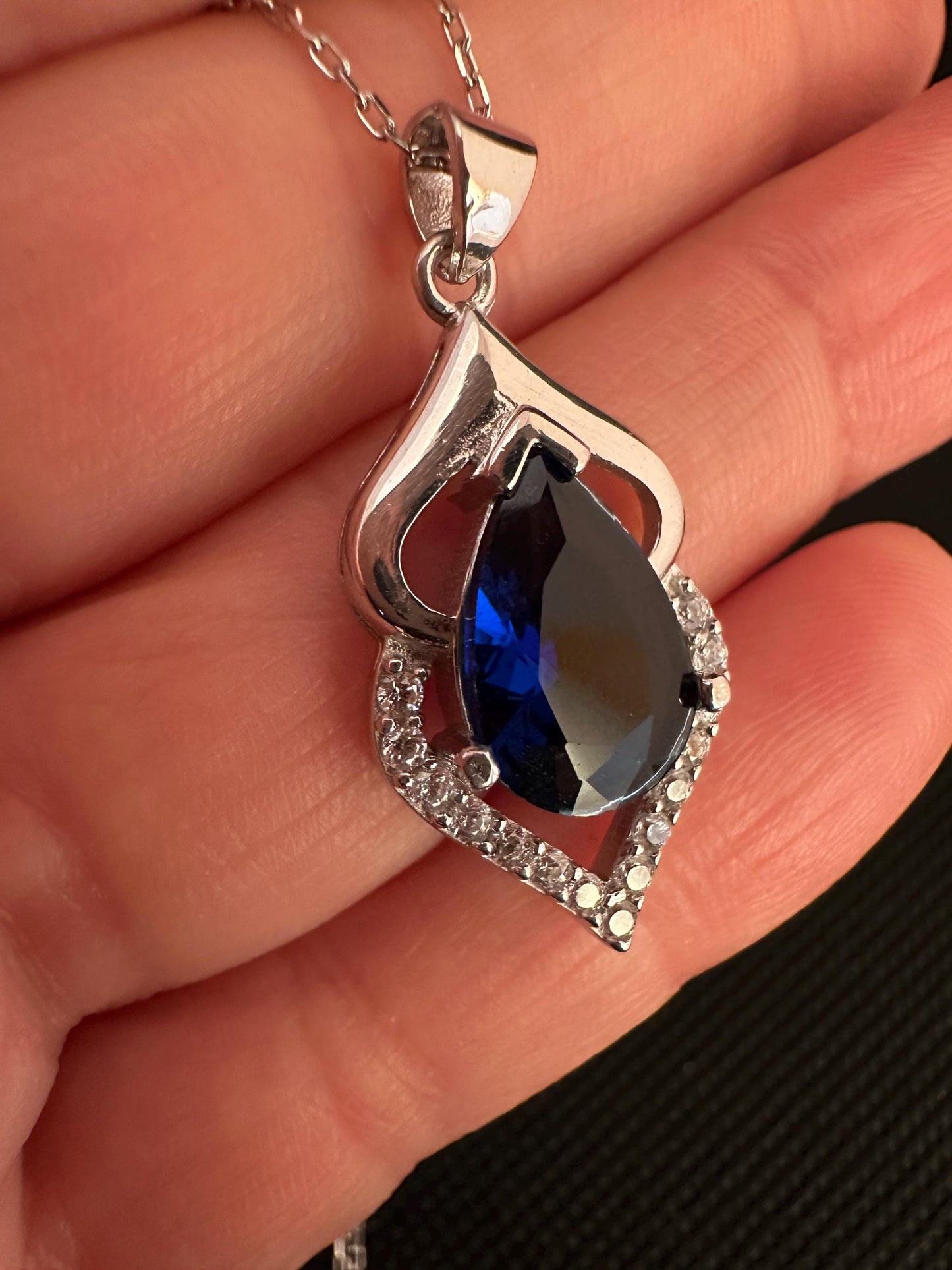September Birthstone Necklace - Sapphire Teardrop Pendant in Sterling Silver
