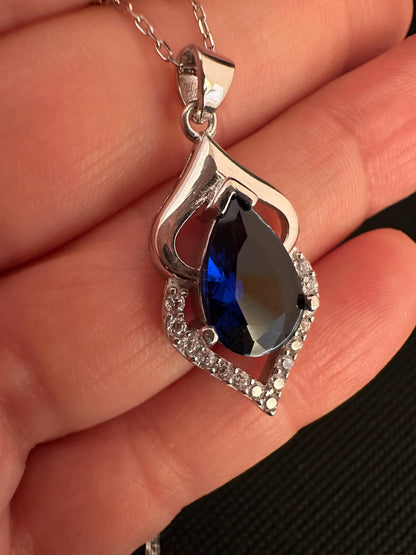 September Birthstone Necklace - Sapphire Teardrop Pendant in Sterling Silver