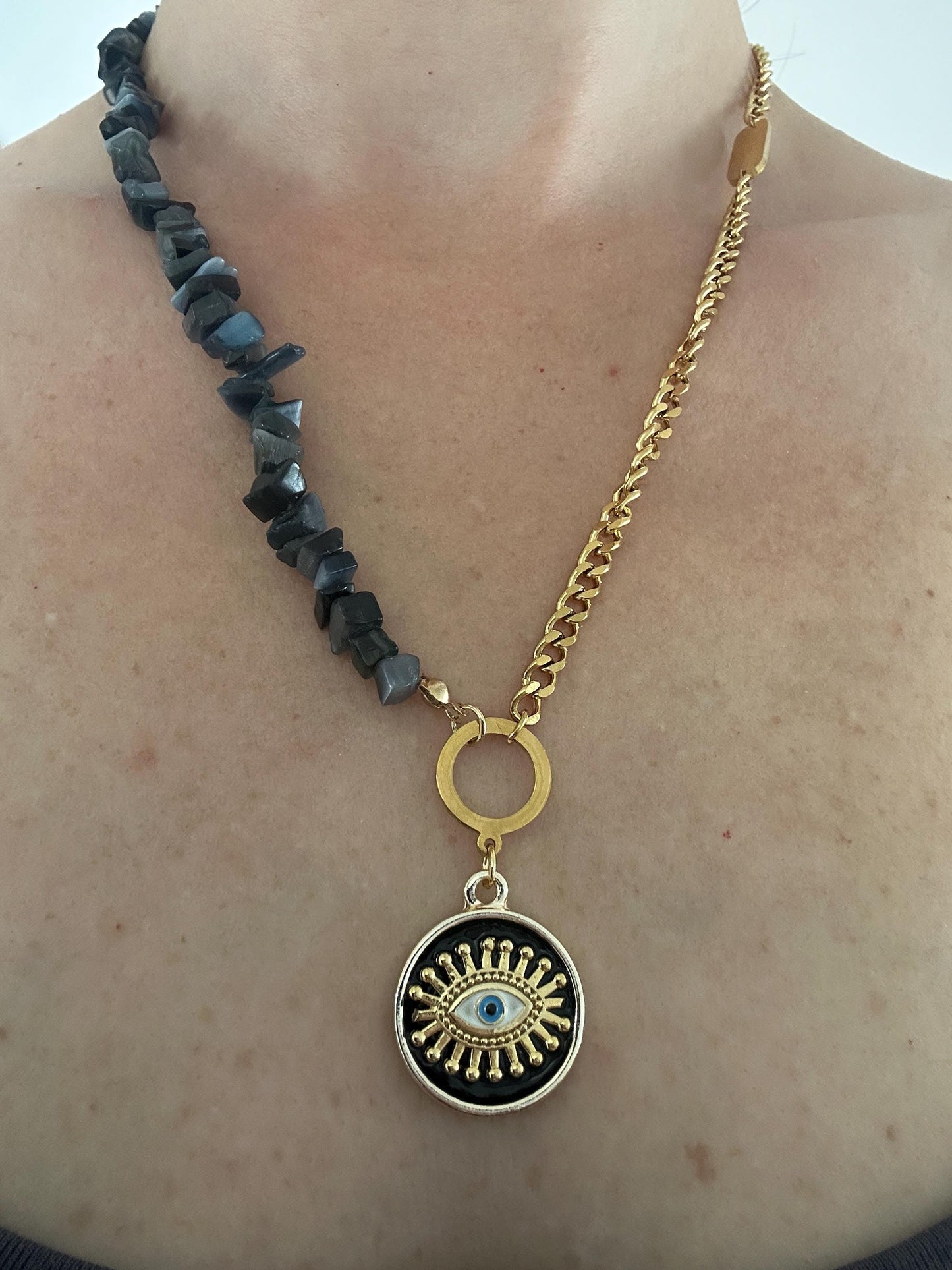 Evil Eye Pearl Necklace: Gold Brass Pendant