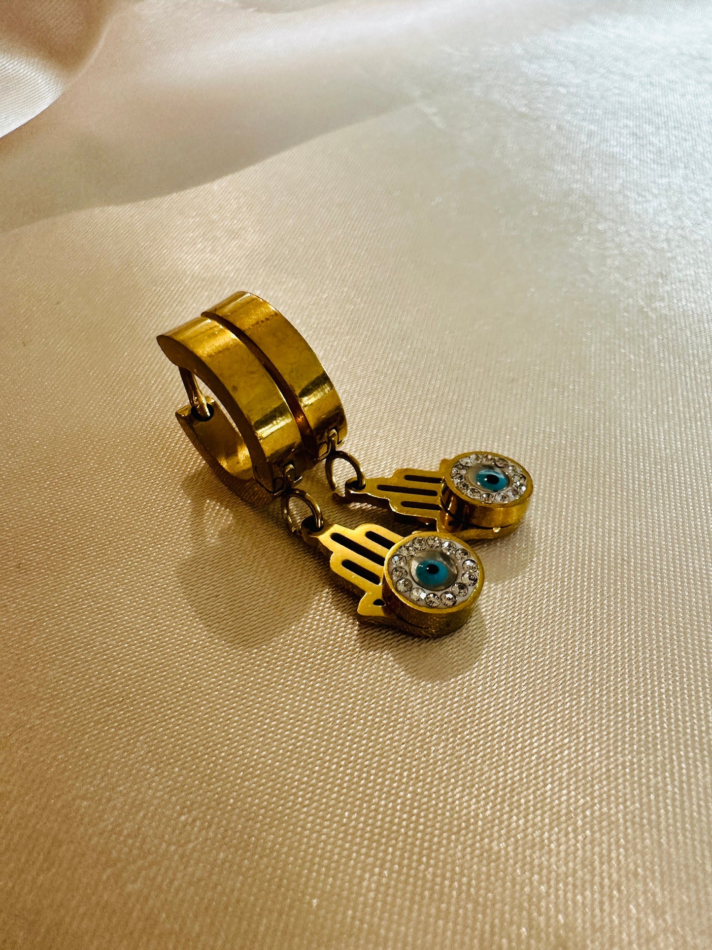 Gold Hamsa Hand Evil Eye Earrings: 18K Plated Stainless Steel