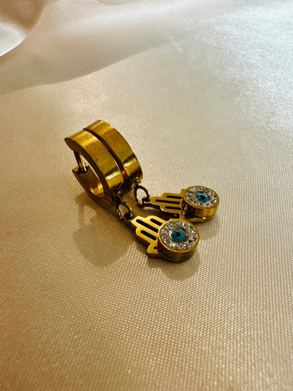 Gold Hamsa Hand Evil Eye Earrings: 18K Plated Stainless Steel