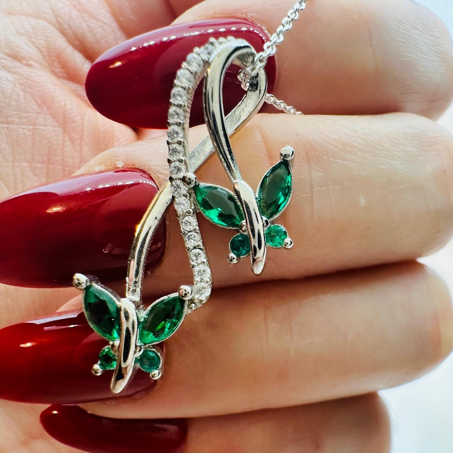 Emerald Butterfly Pendant Necklace - Eco-Friendly Sterling Silver Jewelry