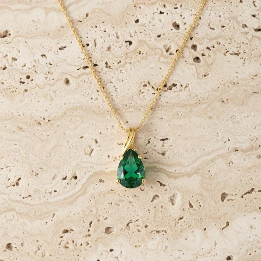 Gold Vermeil Emerald Teardrop Necklace - May Birthstone Pendant