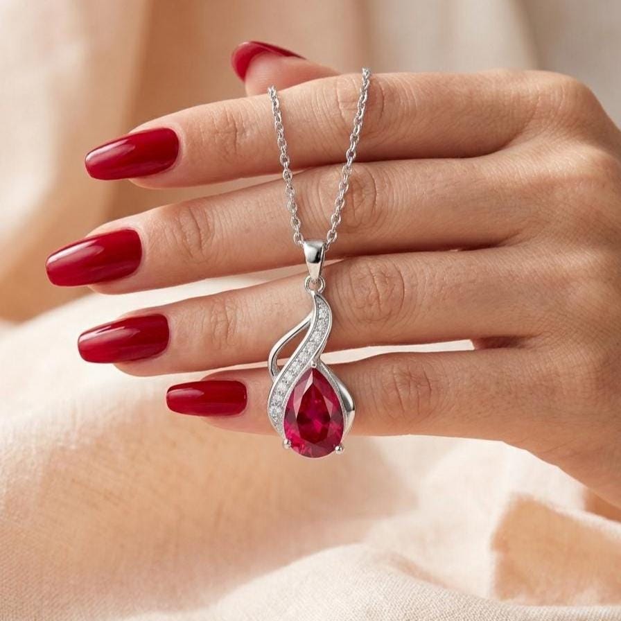 Ruby Teardrop Necklace – Sterling Silver July Birthstone Pendant - Gift For Her