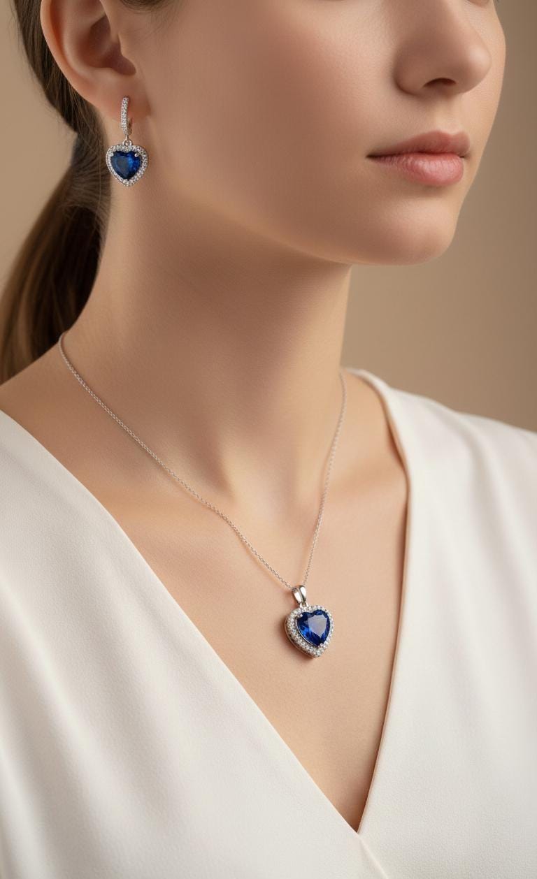 Sapphire Heart Sterling Silver Necklace & Earrings Set - September Birthstone