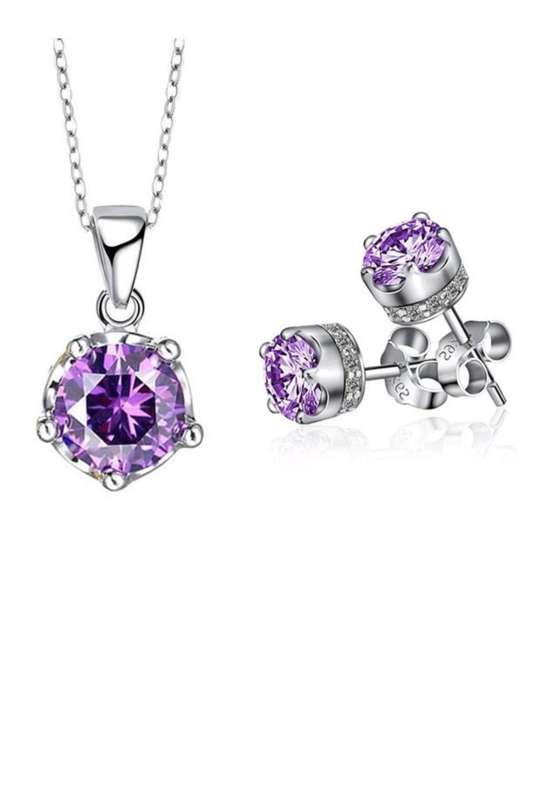 Minimalist Amethyst Pendant & Earrings Set - Sterling Silver February Birthstone -