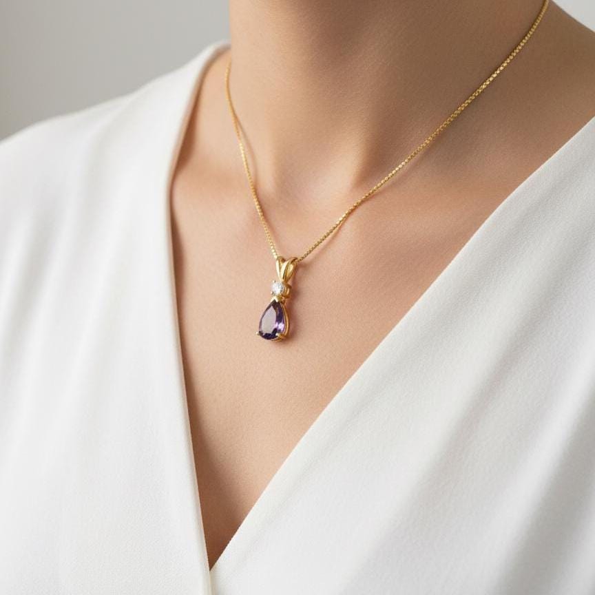 Gold Vermeil Amethyst Necklace - February Birthstone Pendant - Minimalist Jewelry