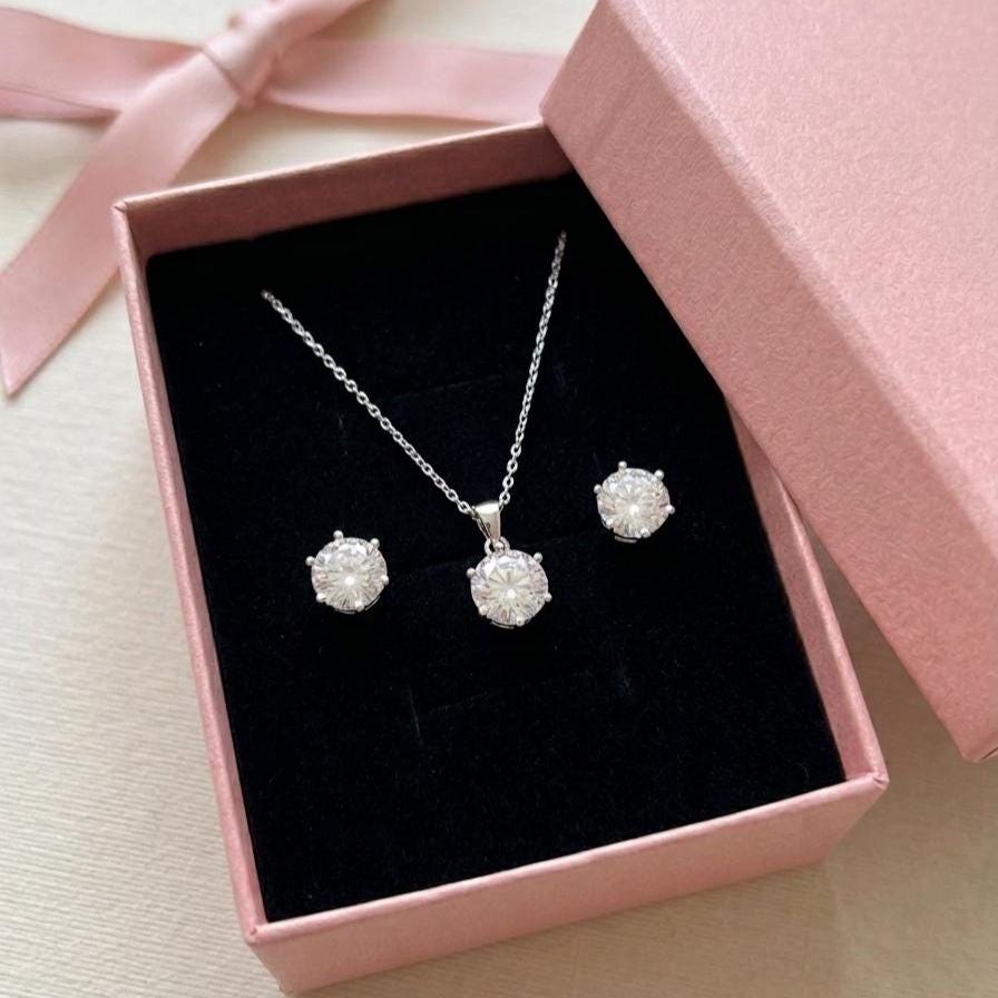 Sterling Silver Cubic Zirconia Solitaire Necklace & Earrings Set