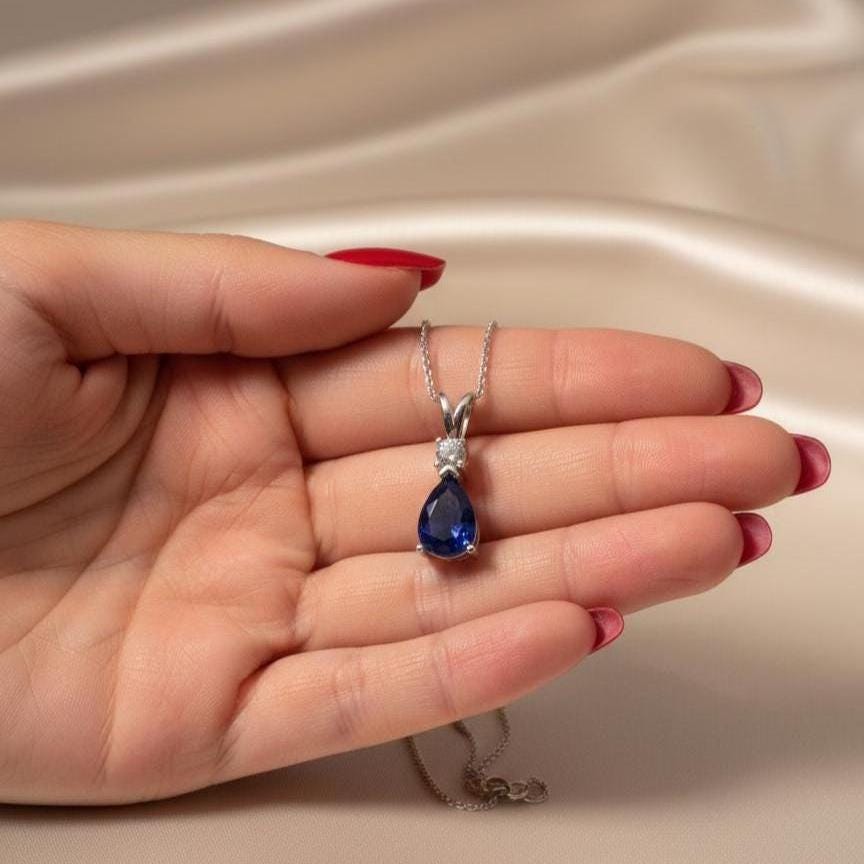 Sapphire Minimalist Necklace - September Birthstone Pendant - Dainty Jewelry -925 Sterling Silver